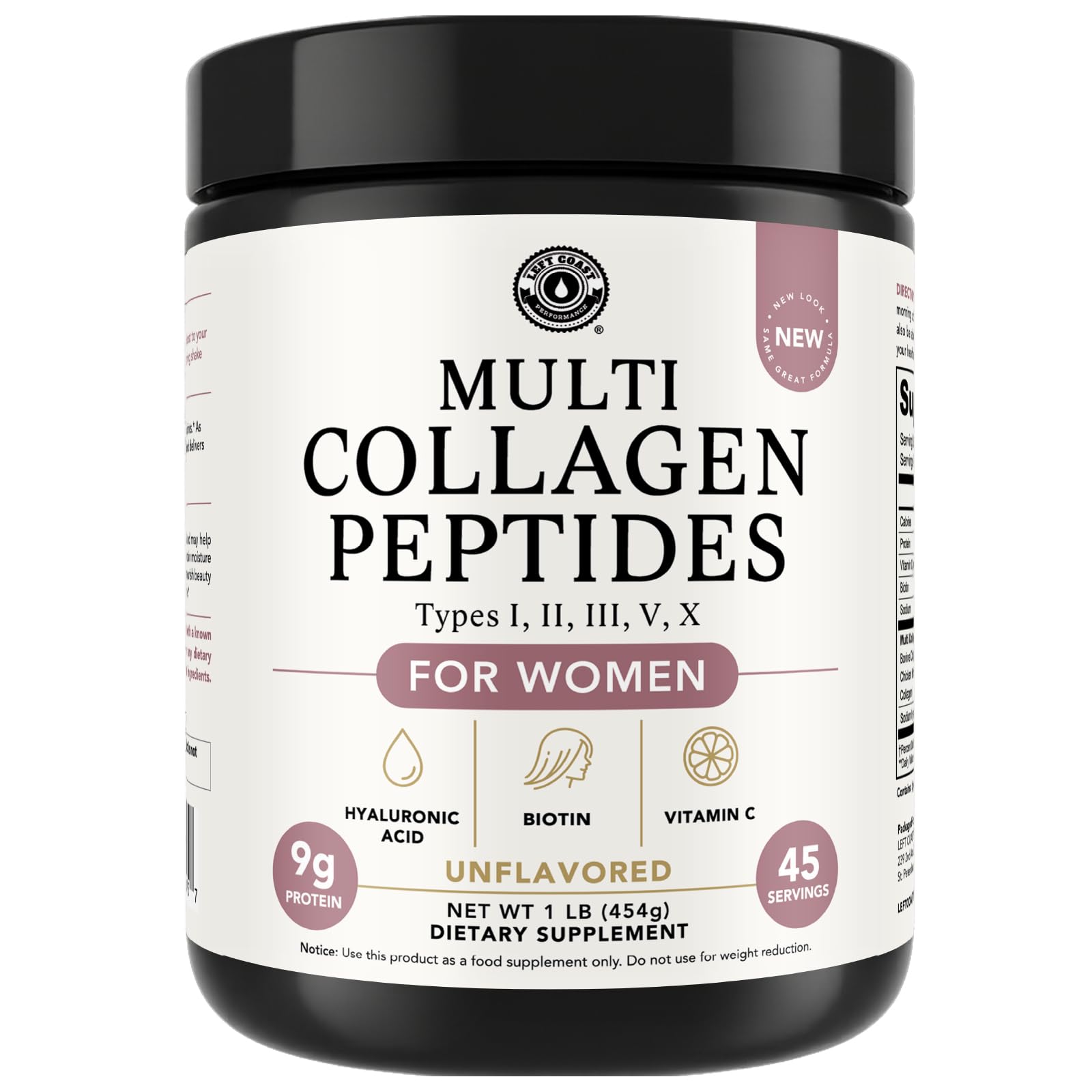 Left Coast Performance multi-collagen powder tub showing premium blend for skin, hair, and joints