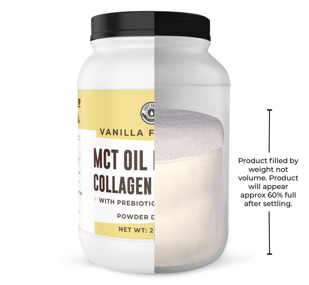Left Coast Performance bottle pouring MCT powder into a mug for smooth taste.