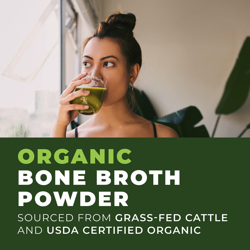 Left Coast Performance bone broth powder blended into smoothie demonstrates versatility.