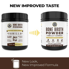 Left Coast Performance vanilla bone broth powder label highlights dairy-free benefits.