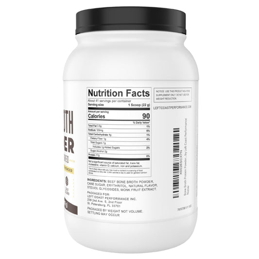 Left Coast Performance scoop accompanies vanilla bone broth powder for quick shakes.