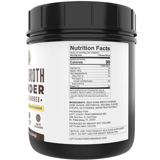 Left Coast Performance scoop with vanilla bone broth powder for precise serving.