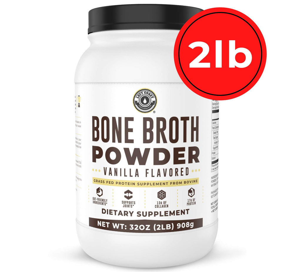Left Coast Performance vanilla bone broth powder texture close-up shows rich protein blend.
