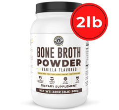 Left Coast Performance vanilla bone broth powder texture close-up shows rich protein blend.