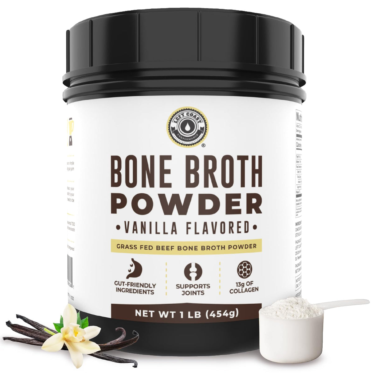 Left Coast Performance vanilla bone broth powder tub, a gut-friendly protein boost.
