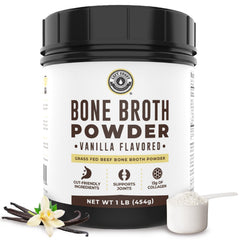 Left Coast Performance vanilla bone broth powder tub, a gut-friendly protein boost.