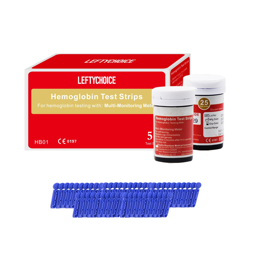 LeftyChoice hemoglobin test strips – close-up of 50 pieces for at-home testing.
