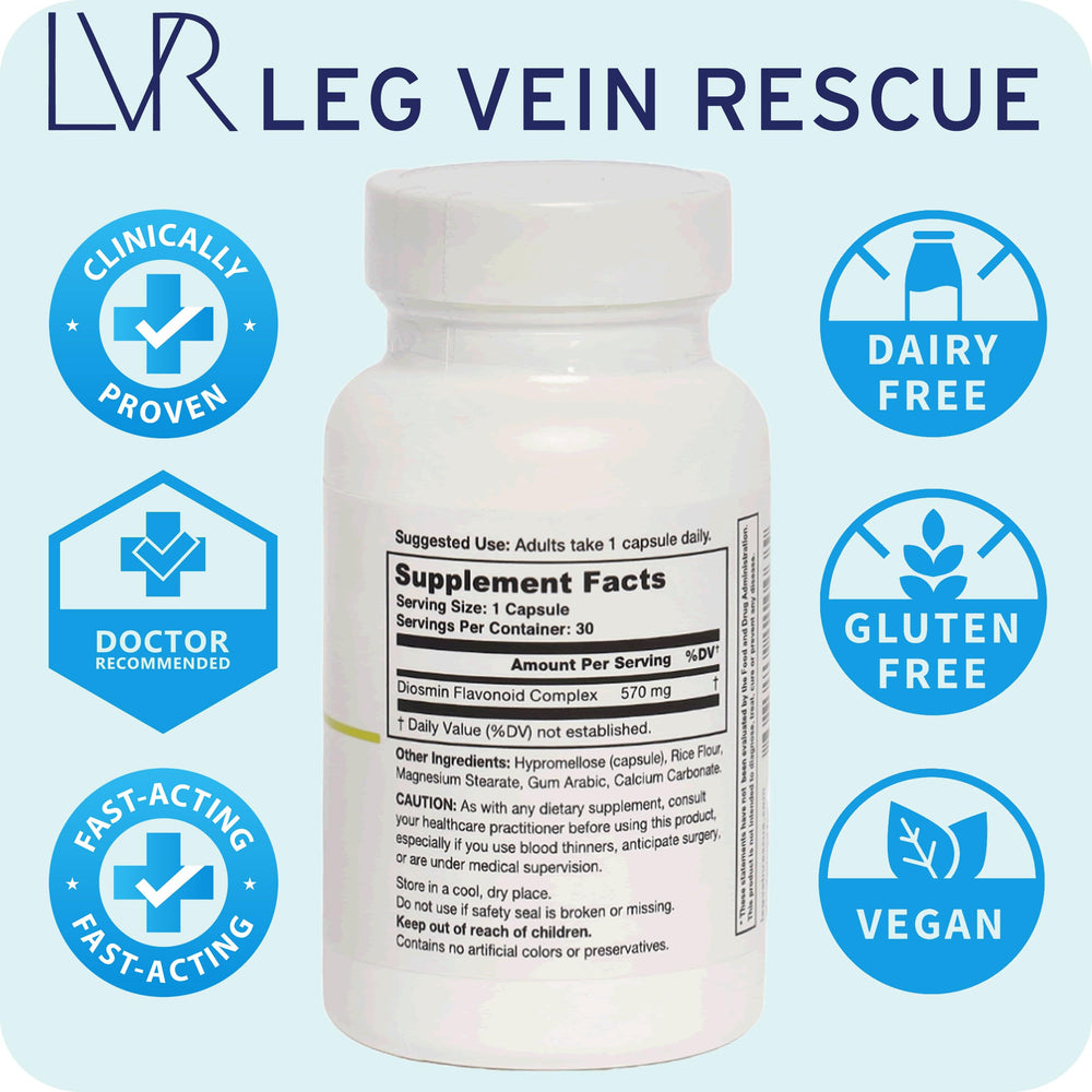 LEG VEIN RESCUE Diosmin bottle pour shows easy daily dosage.