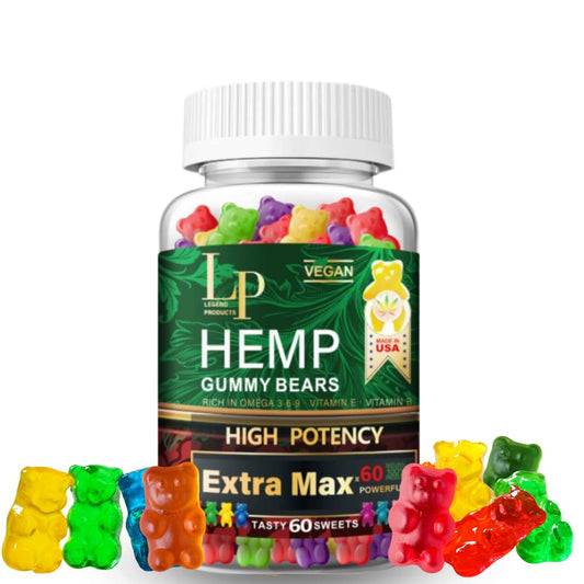 Legend Hemp Gummies bottle front shows fruity flavors and premium hemp extract for nightly relaxation