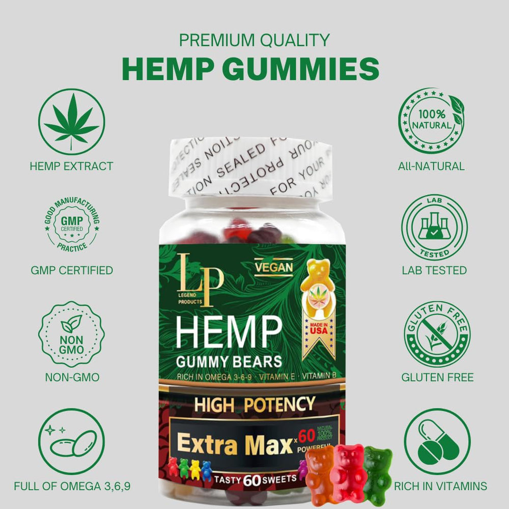 Legend Hemp Gummies made in USA GMP badge emphasizes quality and safety