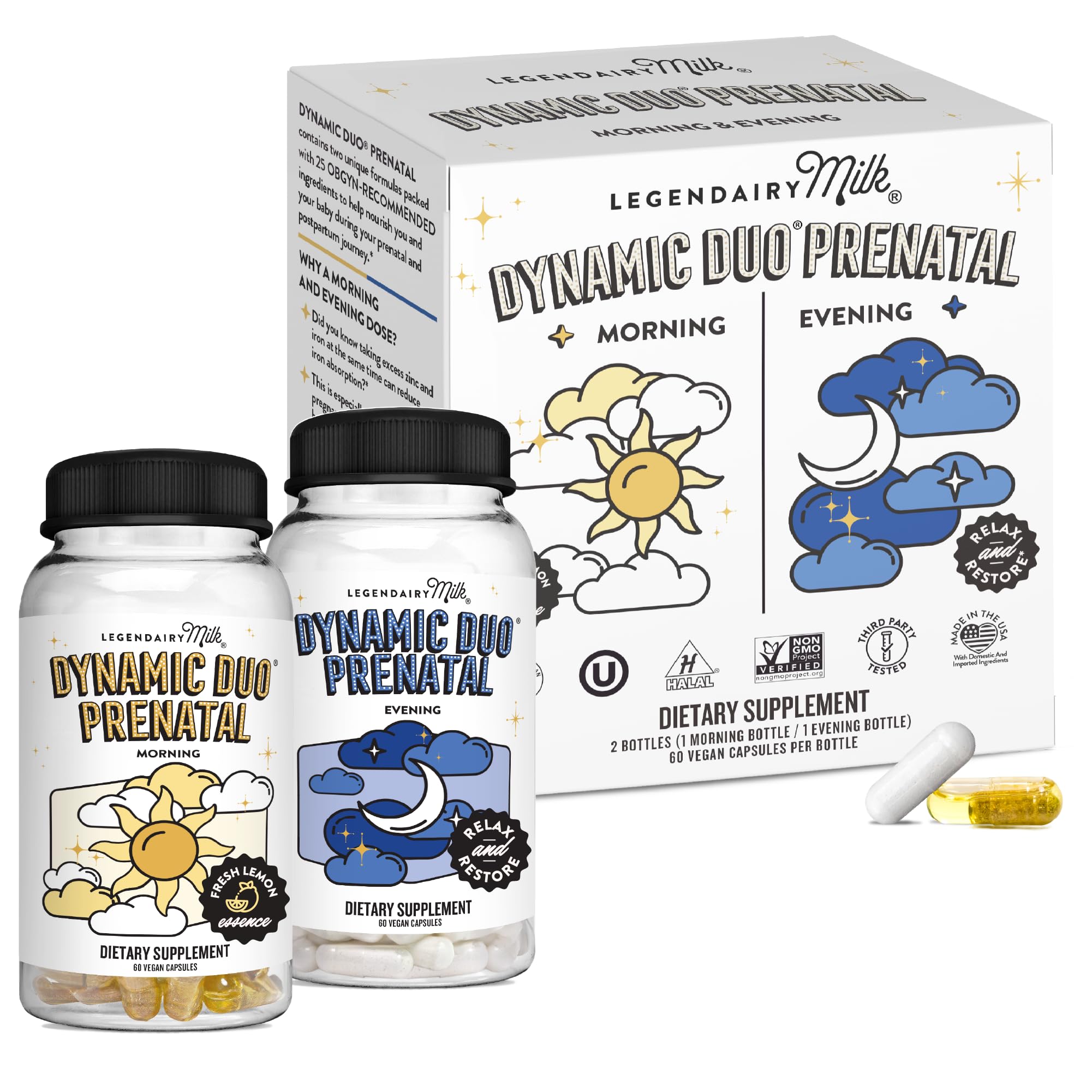 Legendairy Milk Dynamic Duo prenatal bottle with 2-in-1 capsules for an easy AM/PM routine.
