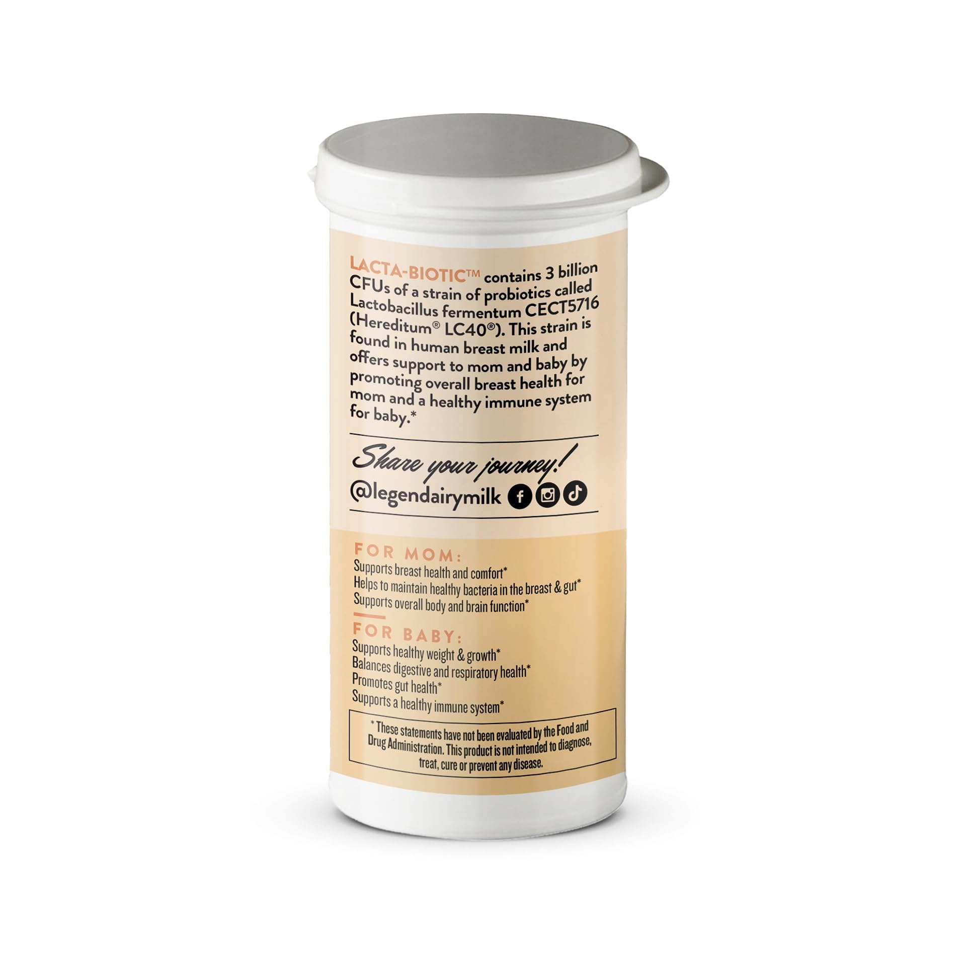 Legendairy Milk Lacta-Biotic ingredients panel highlights probiotic strain.