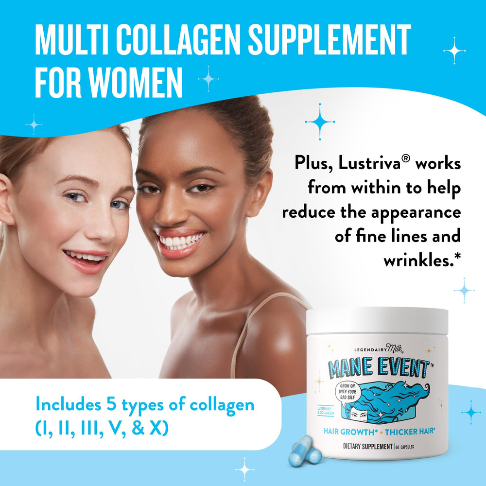 Legendairy Milk Mane Event biotin powder close-up emphasizing high potency.