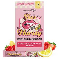 Legendairy Milk She’s Thirsty strawberry lemonade hydration packet ready to mix for on-the-go hydration.