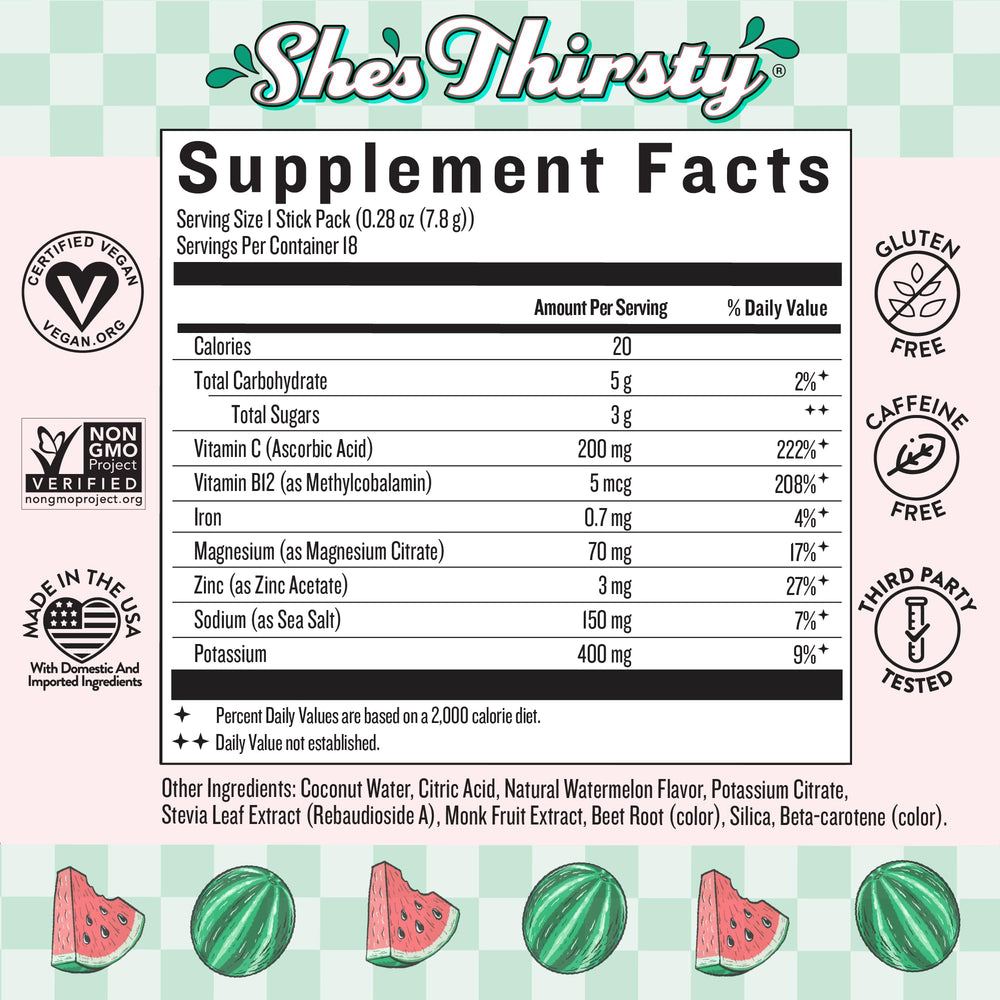 Legendairy Milk She's Thirsty Watermelon packet back with nutrient blend for stress support.