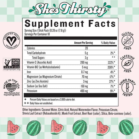 Legendairy Milk She's Thirsty Watermelon packet back with nutrient blend for stress support.
