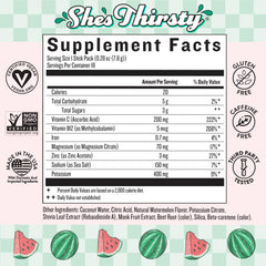 Legendairy Milk She's Thirsty Watermelon packet back with nutrient blend for stress support.
