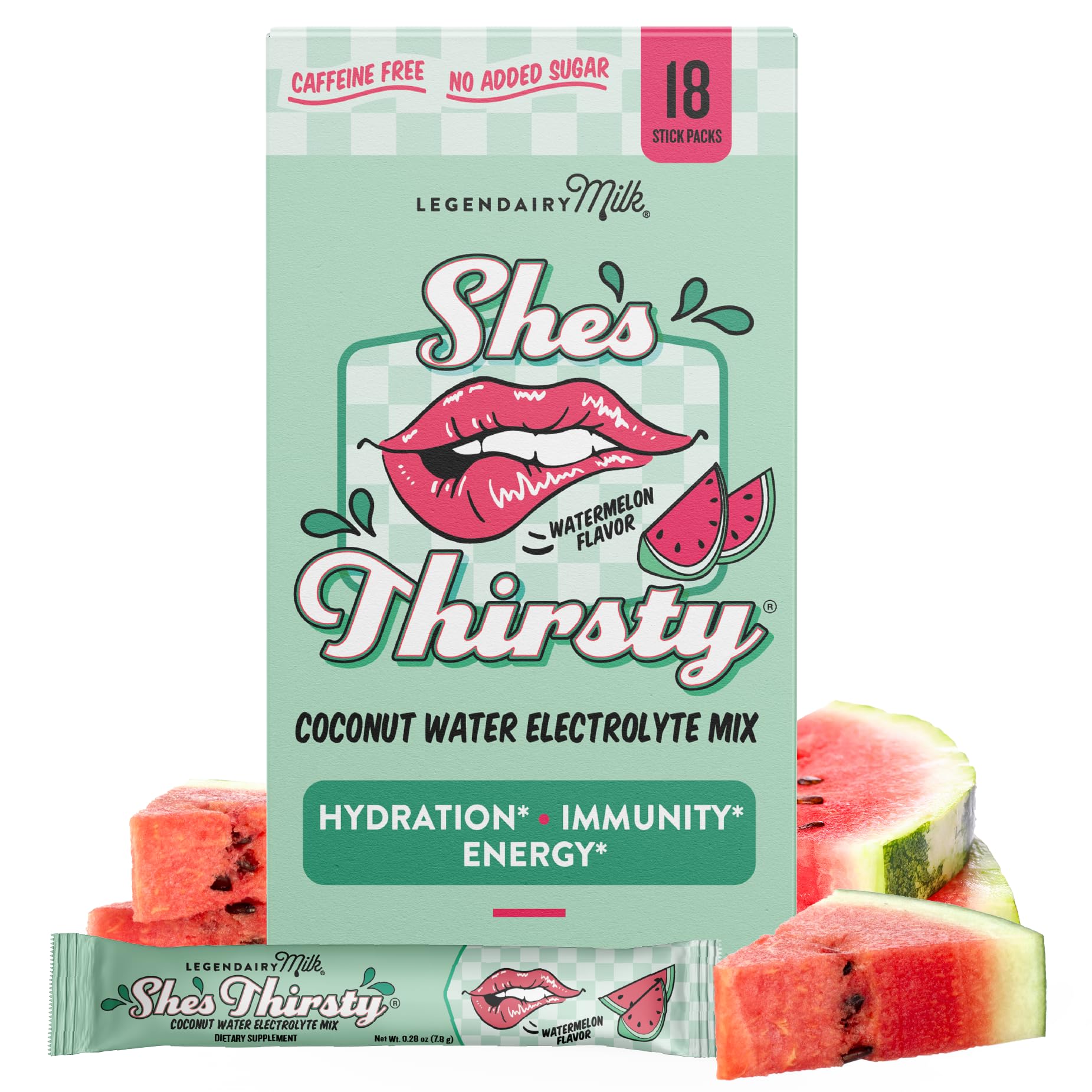 Legendairy Milk She's Thirsty Watermelon hydration packet front, refreshing electrolyte boost.