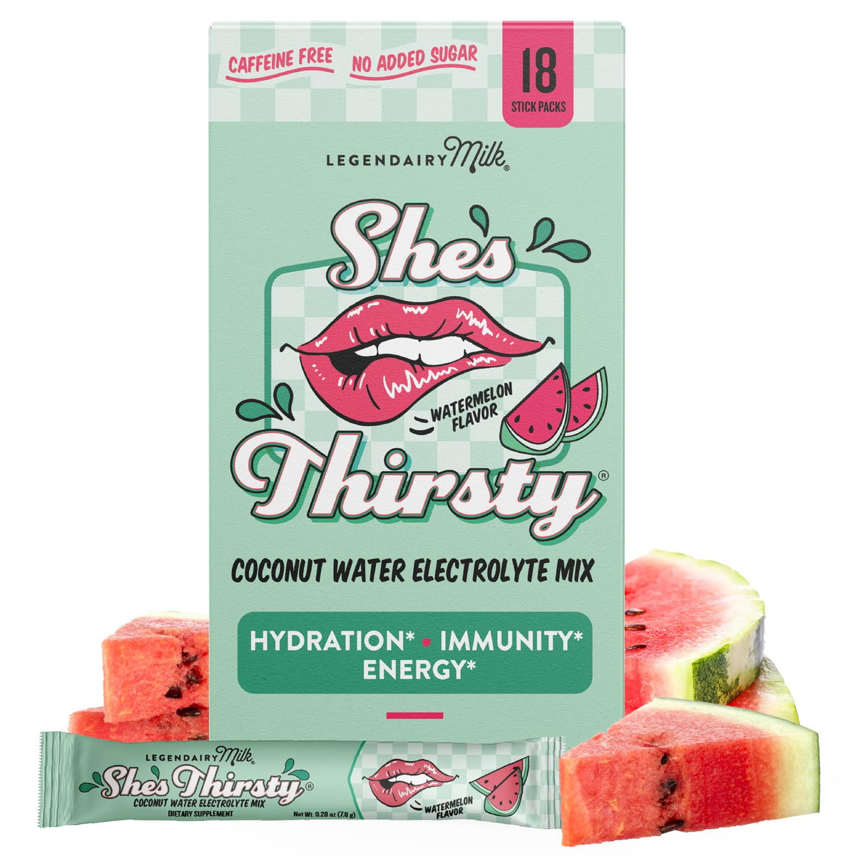 Legendairy Milk She's Thirsty Watermelon hydration packet front, refreshing electrolyte boost.