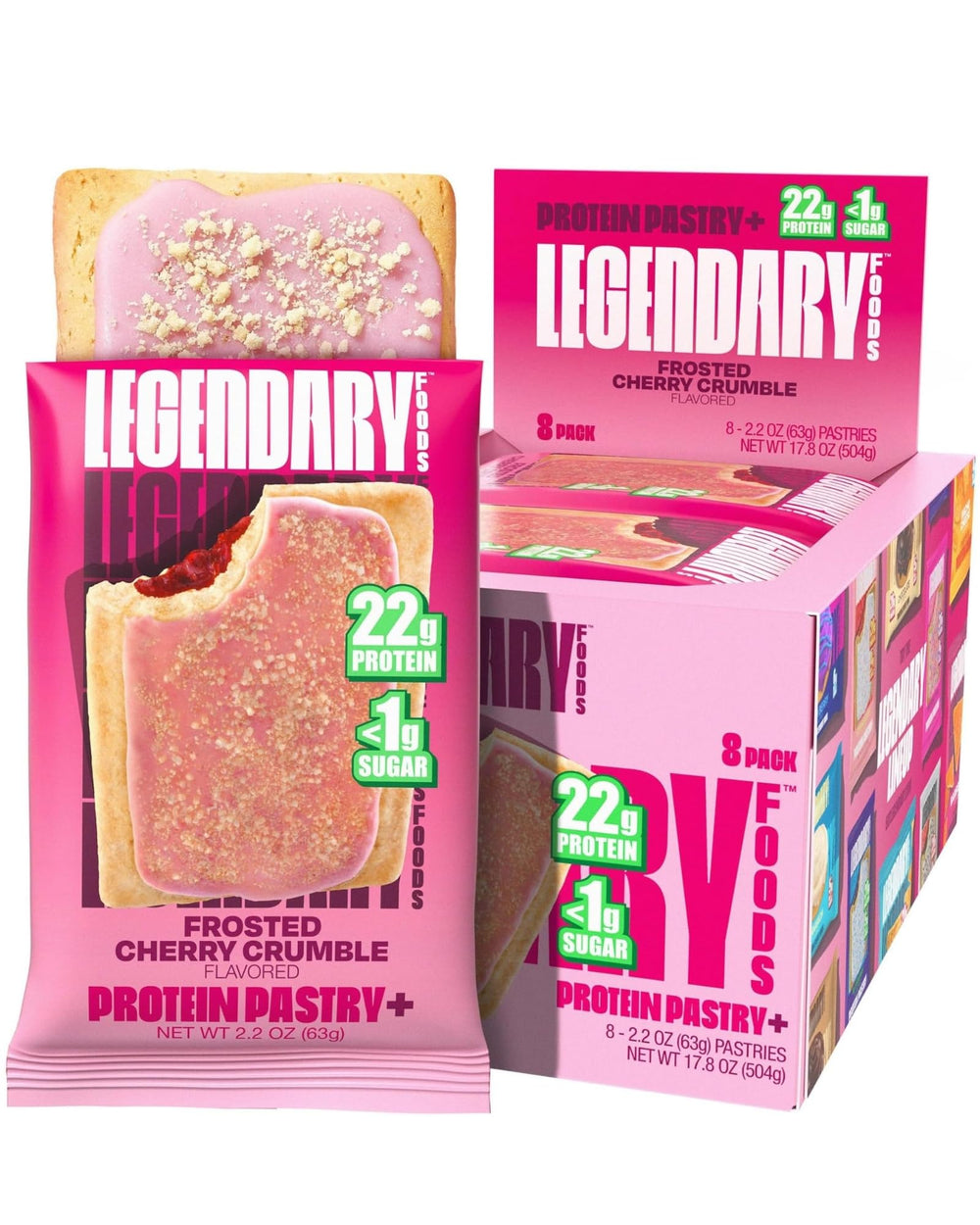 Legendary Foods Cherry Crumble Pastry eight-pack—on-the-go protein snack.
