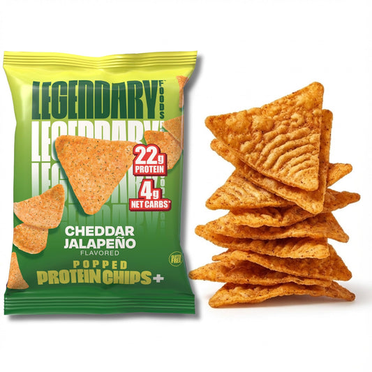 Legendary Foods Cheddar Jalapeño Protein Chips bag—high-protein on-the-go snack.