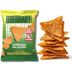 Legendary Foods Cheddar Jalapeño Protein Chips bag—high-protein on-the-go snack.