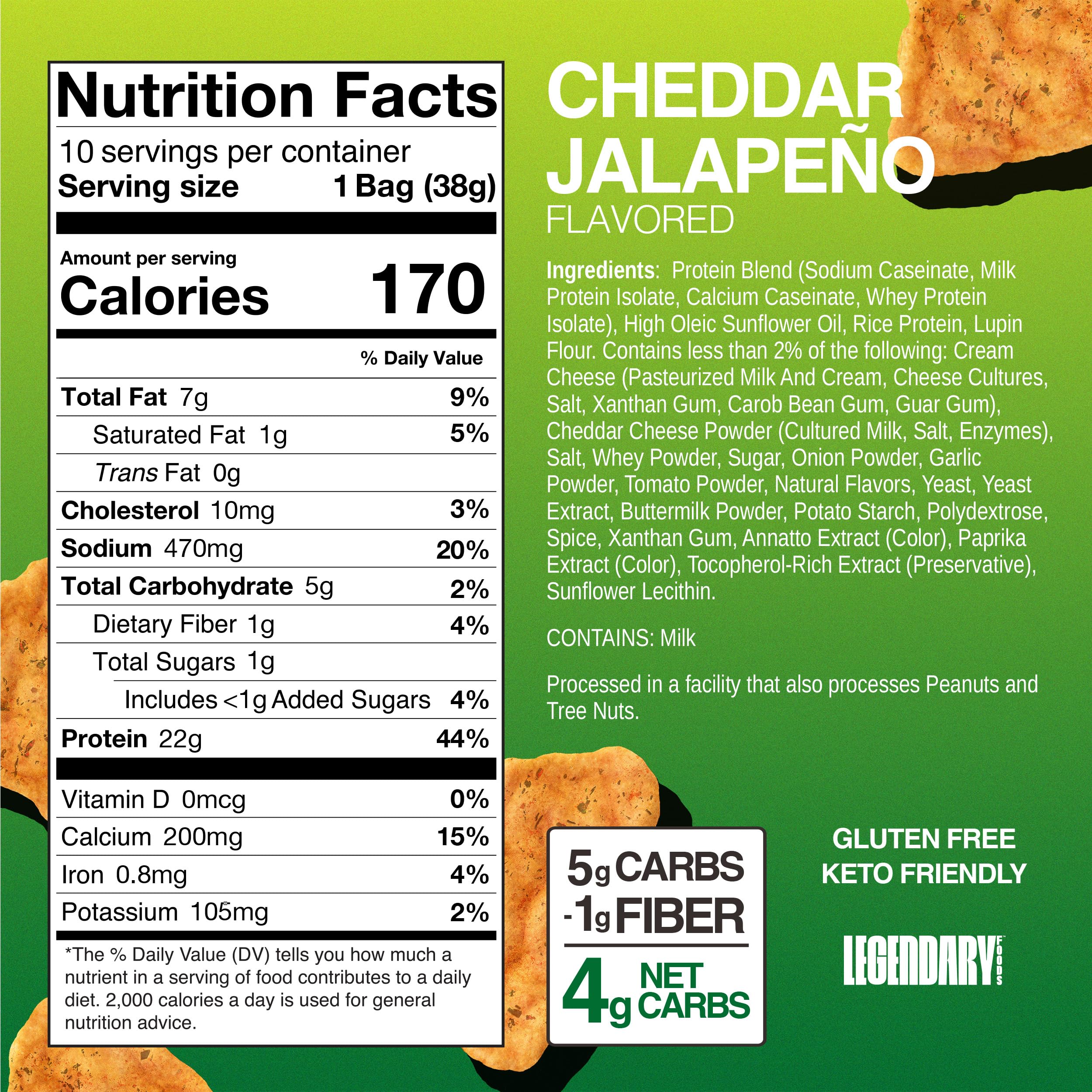 Legendary Foods Cheddar Jalapeño Protein Chips closeup-crisp—tasty texture for keto-friendly snacking.