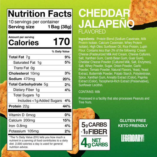 Legendary Foods Cheddar Jalapeño Protein Chips closeup-crisp—tasty texture for keto-friendly snacking.