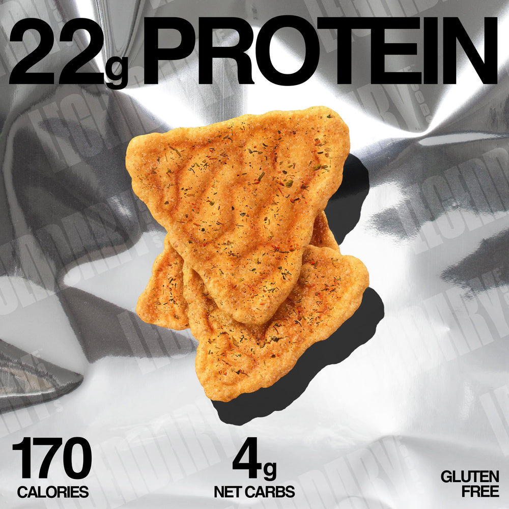 Legendary Foods Cheddar Jalapeño Protein Chips serving—great for lunch boxes and gym bags.