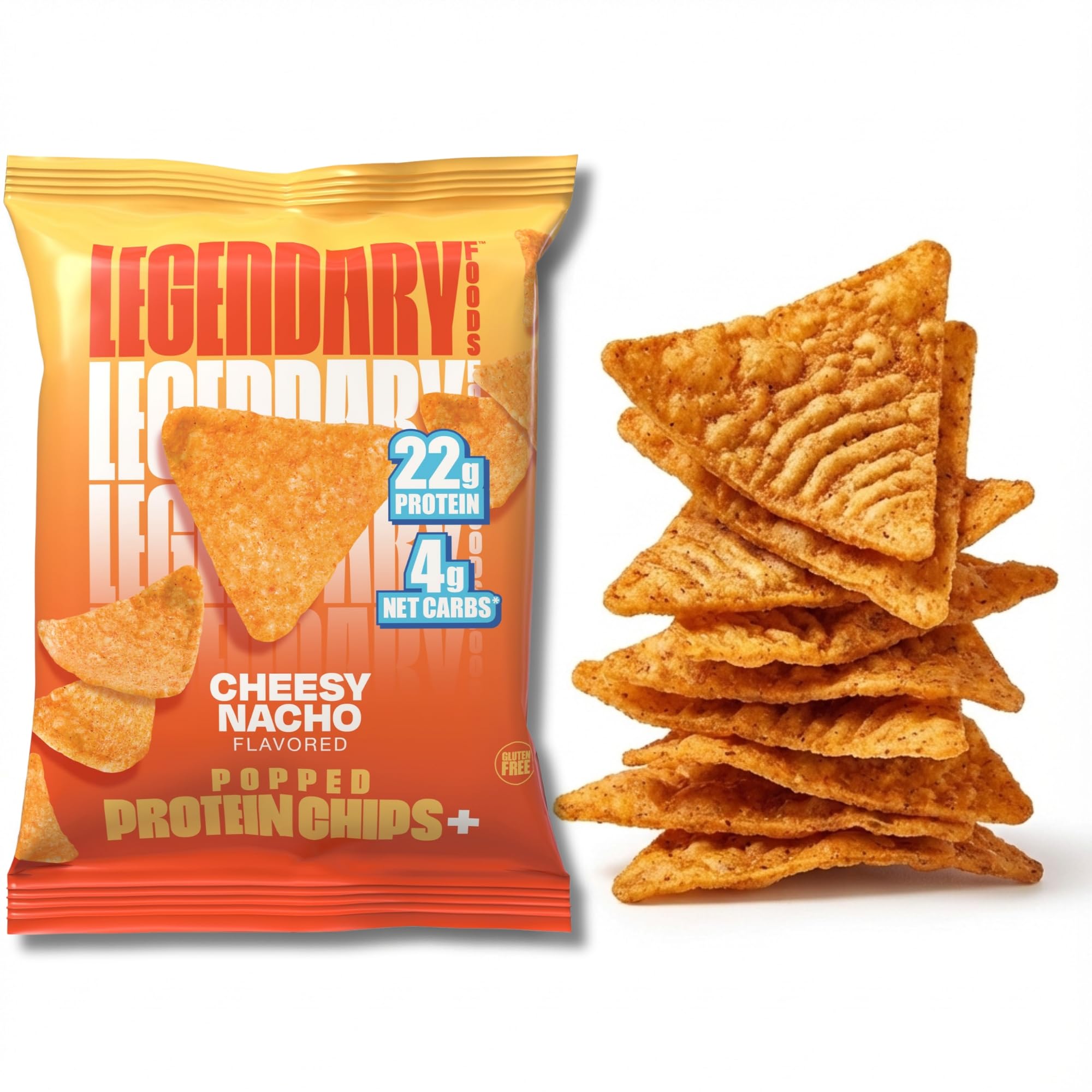Legendary Foods Cheesy Nacho Protein Chips bag shot highlights a high-protein on-the-go snack.