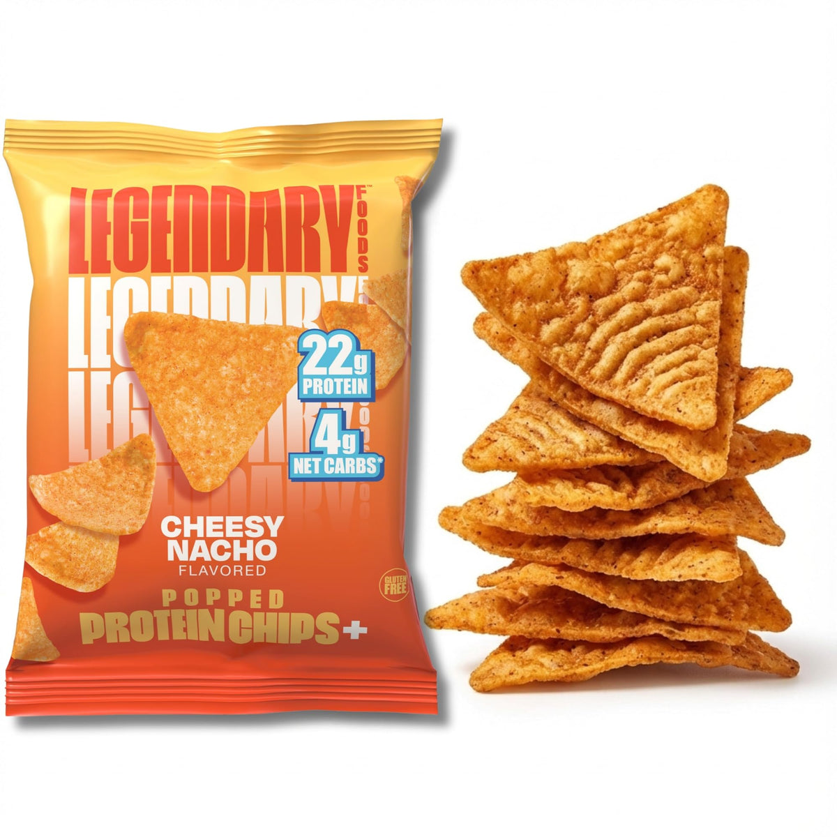 Legendary Foods Cheesy Nacho Protein Chips bag shot highlights a high-protein on-the-go snack.