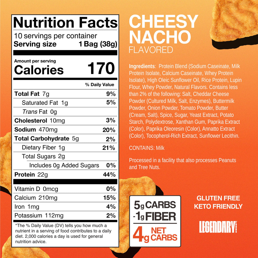 Legendary Foods Cheesy Nacho Chips closeup crunch emphasizes light popped texture for satisfying crunch.