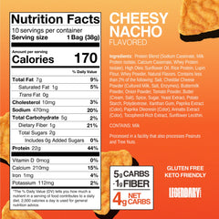 Legendary Foods Cheesy Nacho Chips closeup crunch emphasizes light popped texture for satisfying crunch.