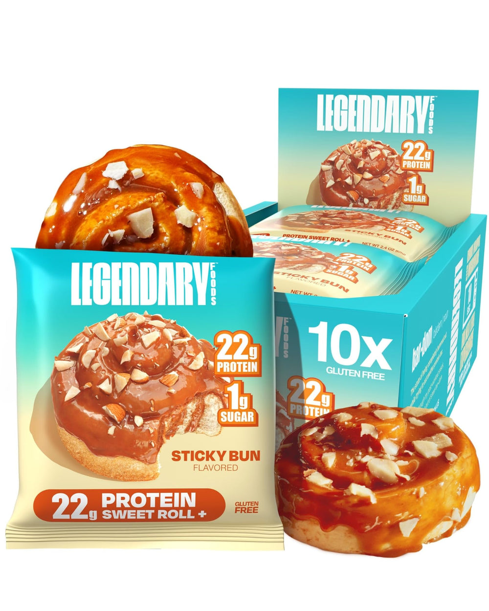 Legendary Foods Cinnamon Roll 22g protein bar, front view, high-protein snack option.