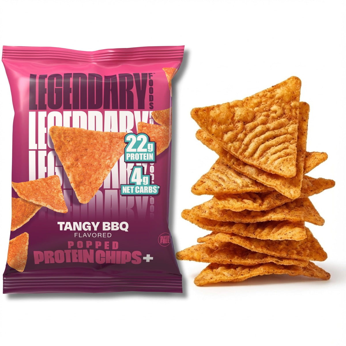 Legendary Foods Tangy BBQ Protein Chips bag for workouts and on-the-go snacking