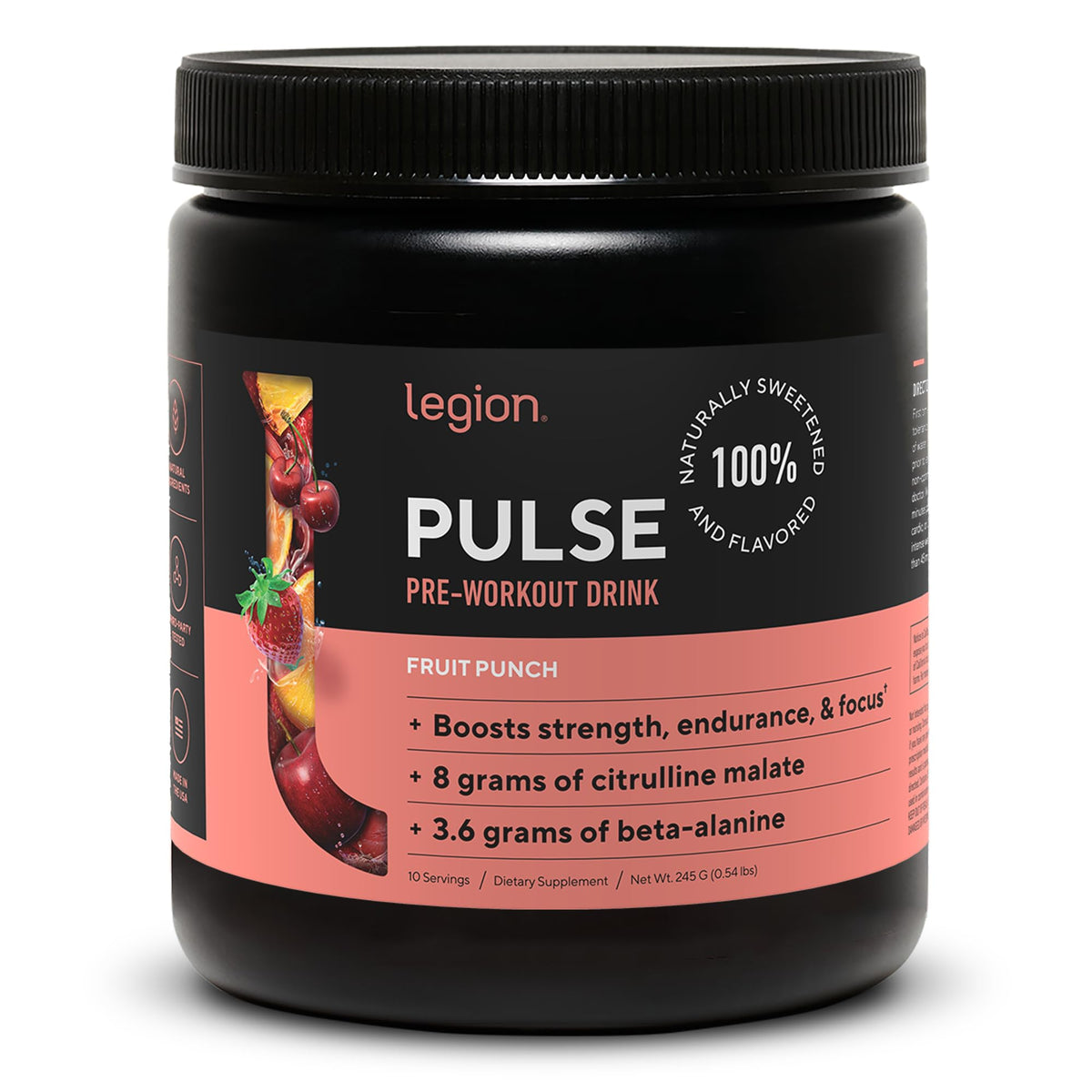 LEGION all-natural nitric oxide preworkout fruit punch powder on display for clean energy.