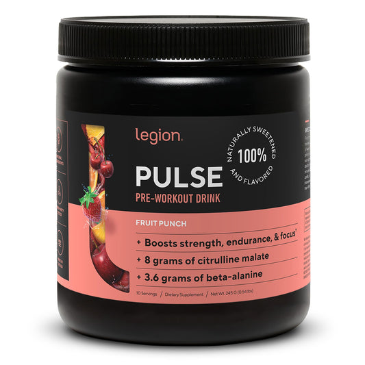 LEGION all-natural nitric oxide preworkout fruit punch powder on display for clean energy.
