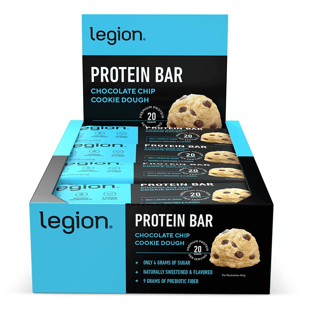 Legion Chocolate Chip Cookie Dough Bar pack shot highlighting protein for workouts