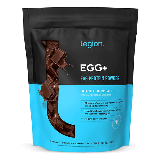 LEGION Egg+ Chocolate tub front highlights premium egg white protein for lean muscle support