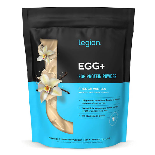 LEGION Egg+ Vanilla scoop demonstrates smooth, naturally sweetened protein for shakes and recipes.