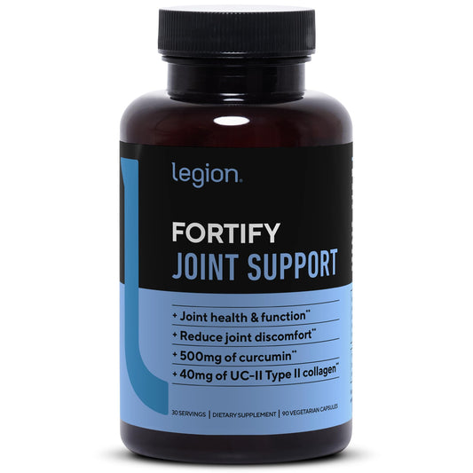LEGION Fortify bottle cap close-up showing capsule texture for joint support.