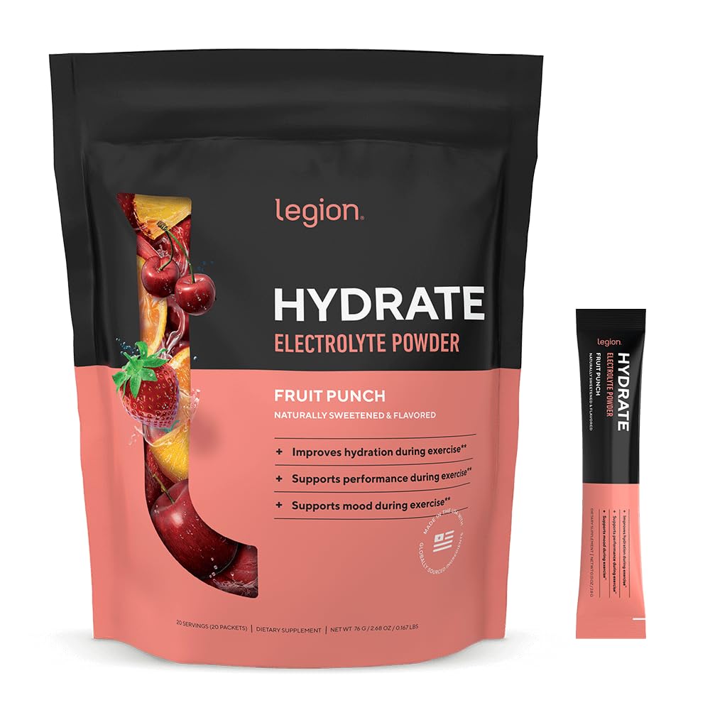 LEGION Hydrate fruit-punch stick dissolving in water for zero-sugar hydration.