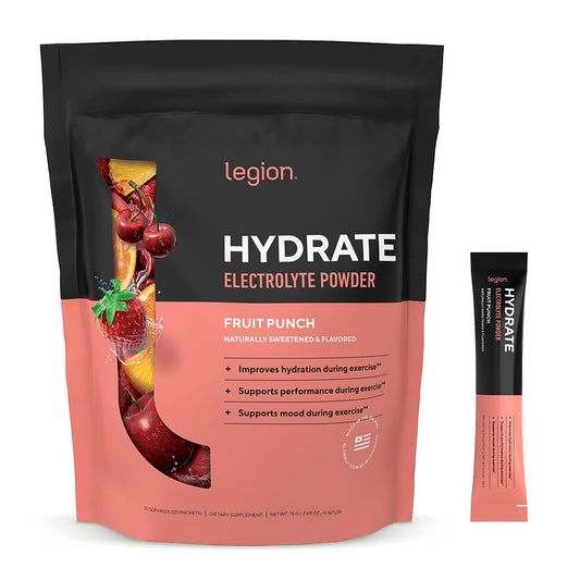 LEGION Hydrate fruit-punch stick dissolving in water for zero-sugar hydration.