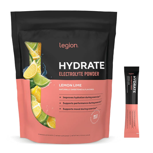 LEGION Hydrate lemon lime packet front for on-the-go, sugar-free hydration.