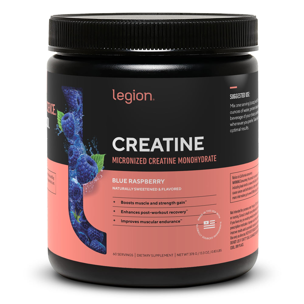 LEGION Micronized Creatine Monohydrate powder in blue raspberry ready to mix