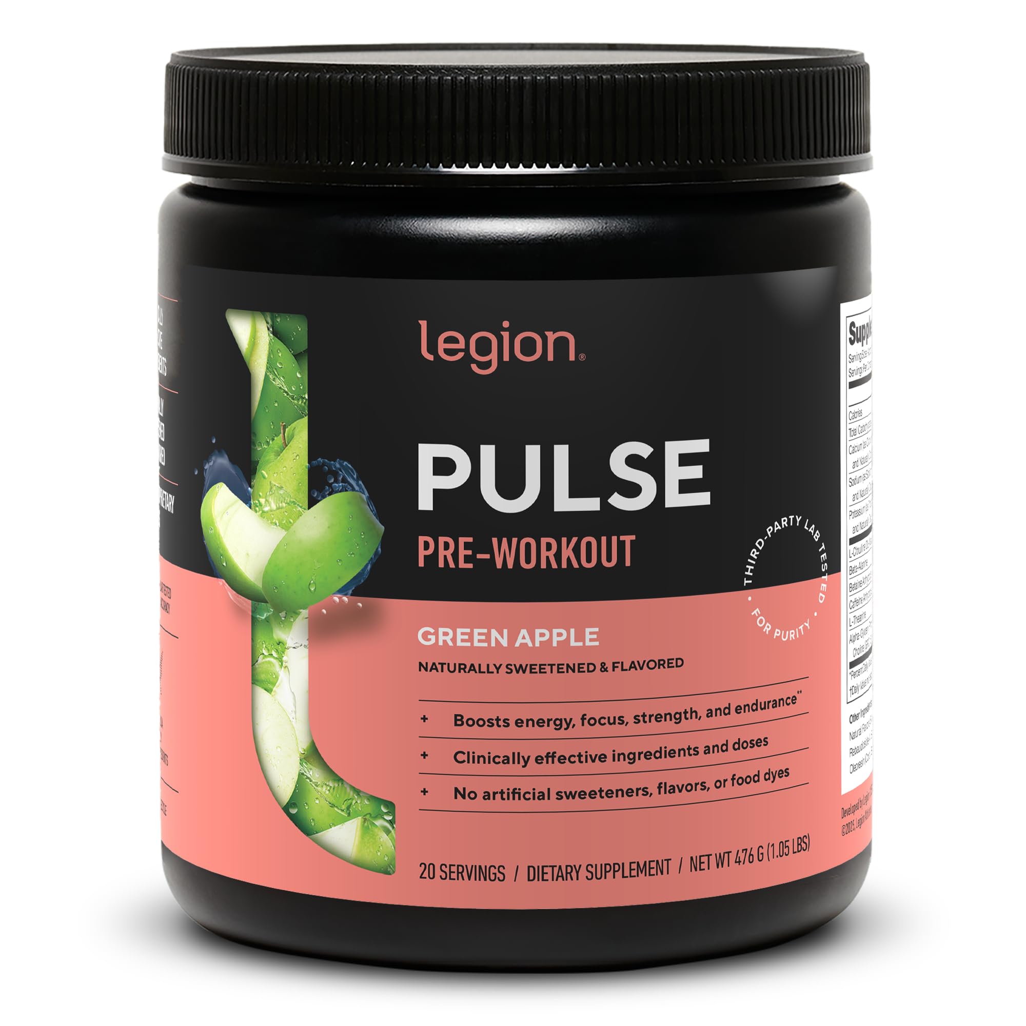 LEGION Pulse bottle closeup showing clean label and natural sweetness