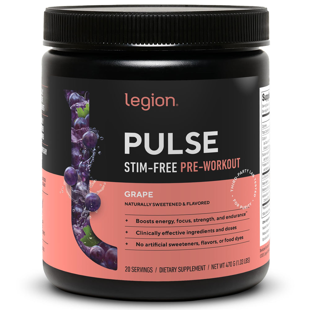 LEGION Pulse bottle front showing caffeine-free pre workout for clean energy