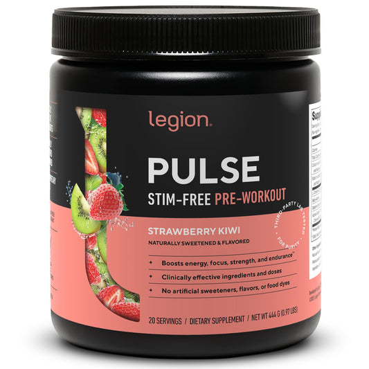 LEGION Pulse bottle label highlights caffeine-free formula and clean ingredients.