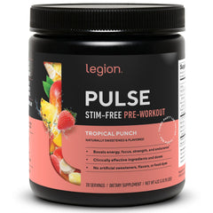 LEGION Pulse bottle pour demonstrates clean, stimulant-free energy for workouts.