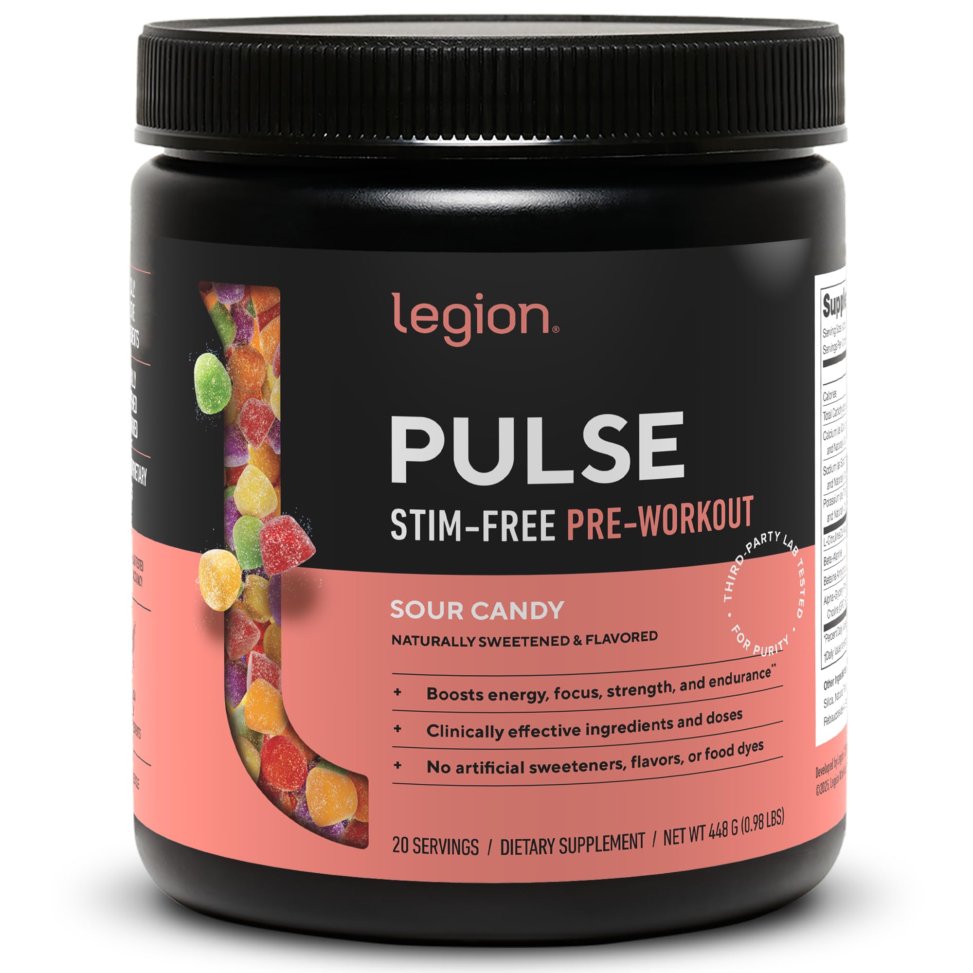 LEGION Pulse front label shows a caffeine-free pre-workout option for clean energy.